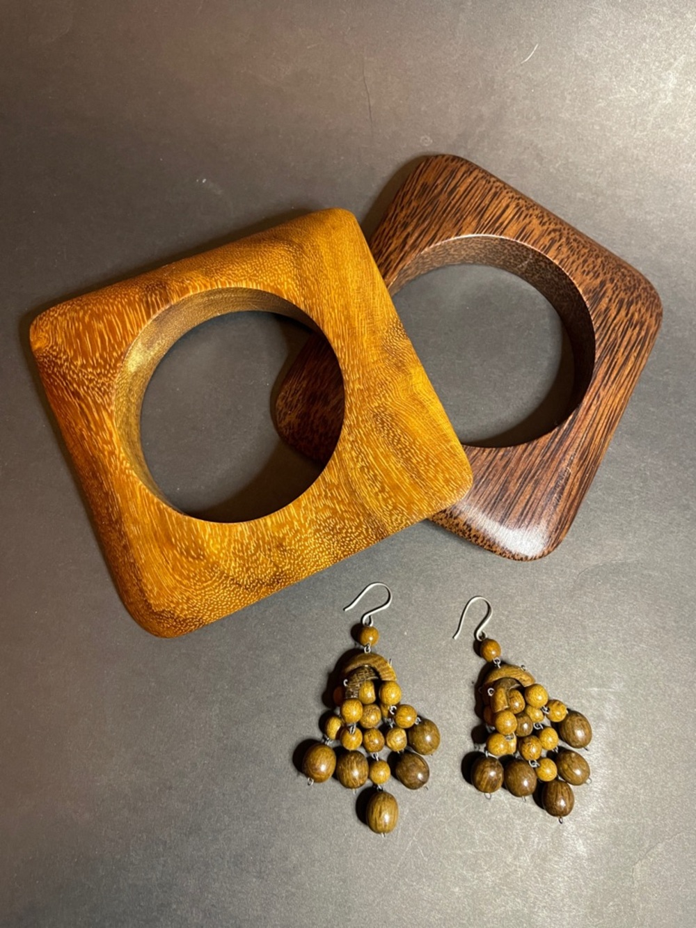 Wooden Boho Vintage Square Bangle Set & Beaded Earrings - Brown & Honey Tones